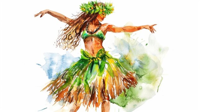 Fototapeta Hula in the Coola Day Vibrant watercolor of hawaiian hula dancer celebrating tropical culture