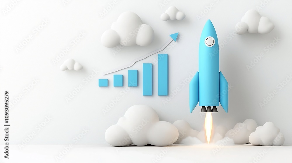 Fototapete striking 3d rendered rocket glowing in blue color taking off with white clouds and a bold rising gra
