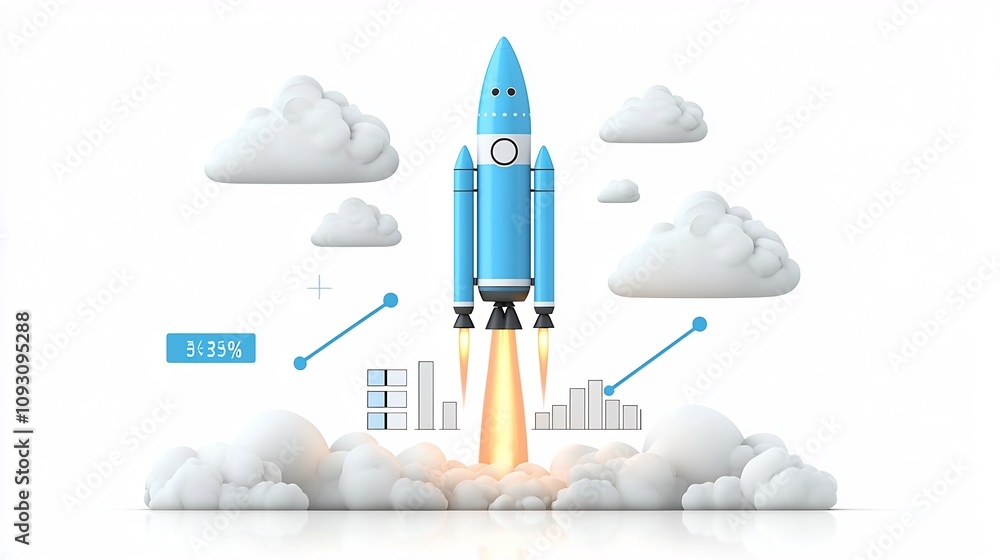 Fototapete Powerful blue rocket blasting off into the sky surrounded by radiant clouds and a dynamic upward graph showcasing progress and growth on a clean minimalist white background