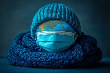 World represented as a cozy figure wearing a mask and beanie