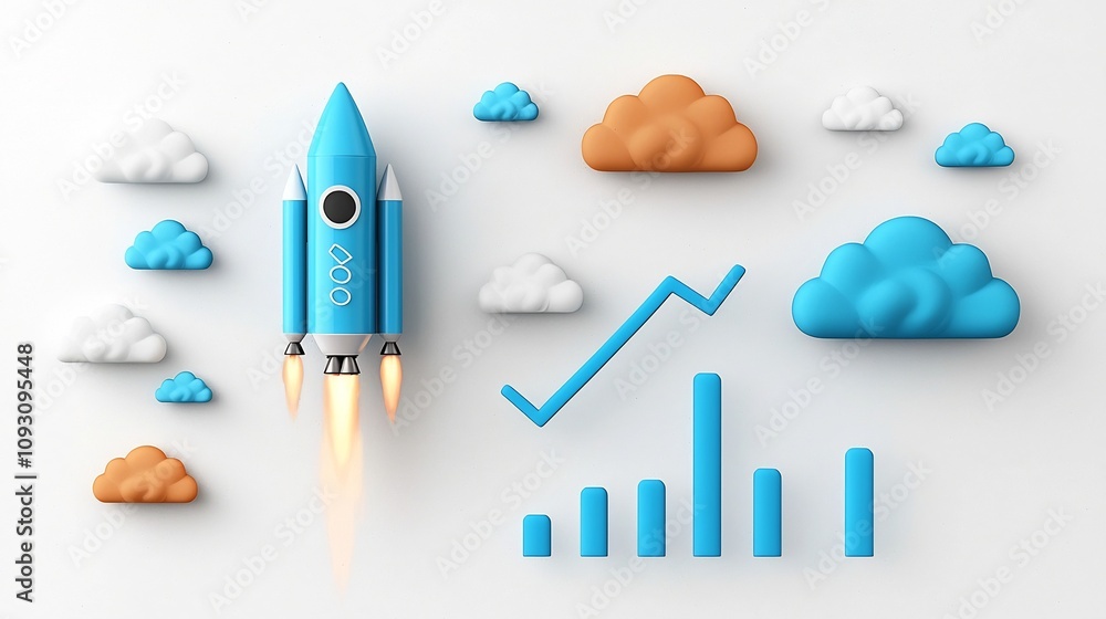 Poster Dramatic launch of a glowing blue rocket against a vibrant cloudy sky paired with an upward graph line symbolizing success data analytics and business growth on a clean white canvas background