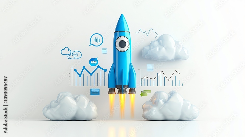 Aufkleber A striking digital rendering of a blue futuristic rocket soaring through bright billowing clouds against a pristine white backdrop  The rocket is accompanied by a rising graph symbolizing growth