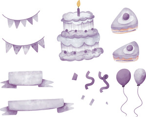 Hand drawn clip art set of birthday party with cake, balloons, ribbons, flags garland, watercolor illustrations, purple birthday party clip art, birthday essentials, birthday design elements
