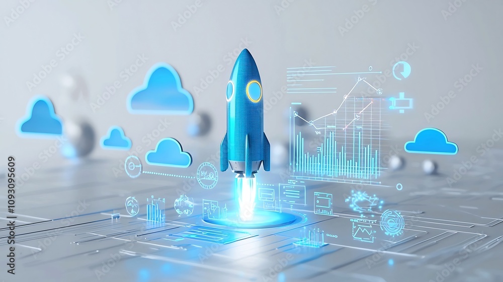 Aufkleber Futuristic Blue Rocket with Glowing Aura Surrounded by Bright Clouds and a Rising Graph Symbolizing Growth Innovation and Technological Advancement on a Clean White Backdrop