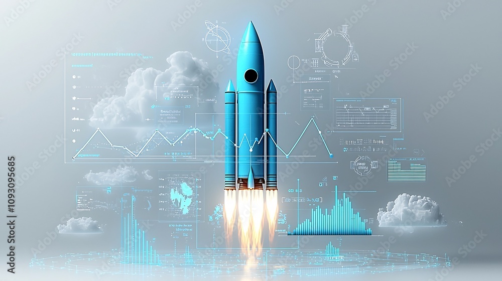 Poster Futuristic 3D visualization of a glowing blue rocket soaring upwards with a bright cloud trail and a success driven graph line on a minimalist white background symbolizing progress achievement