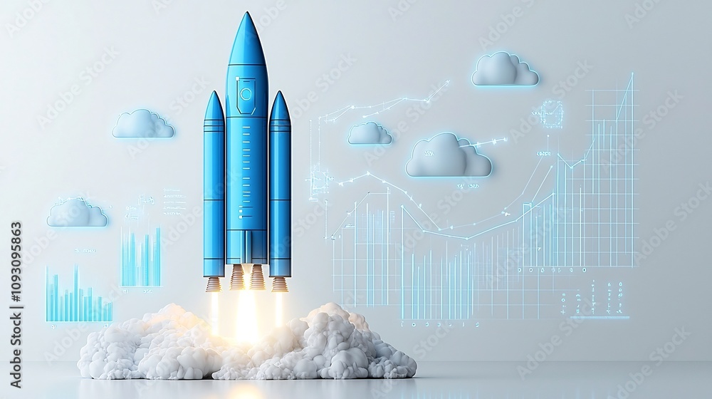 Aufkleber Futuristic blue rocket glowing as it launches accompanied by upward graph lines and glowing clouds on a white background representing the progress growth and advancement of technology science