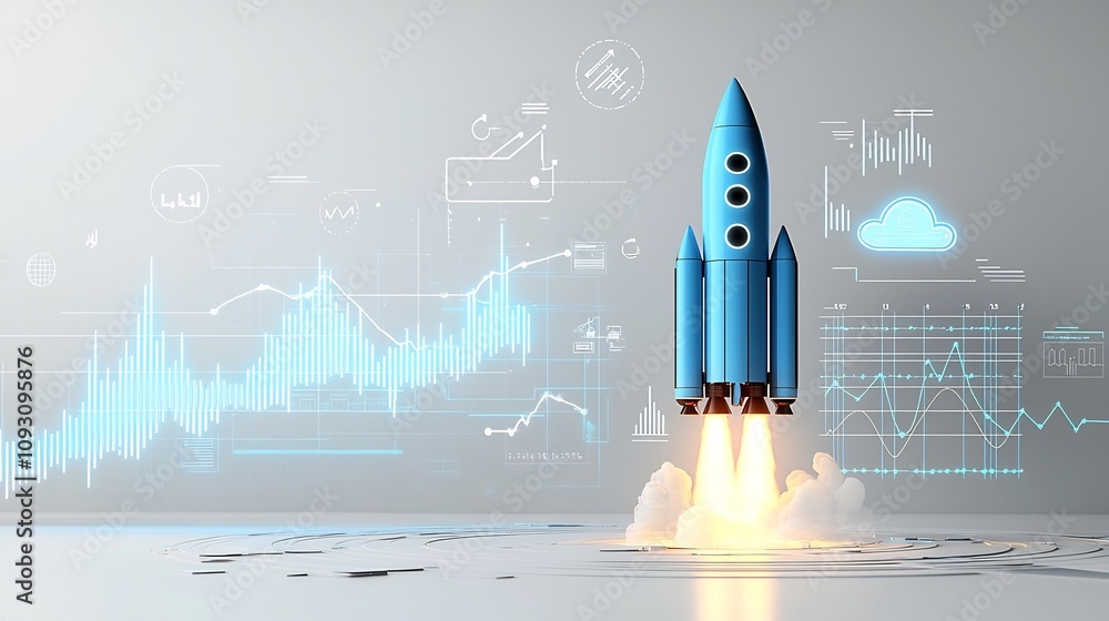 Poster Futuristic blue rocket glowing as it launches into the sky accompanied by upward graph lines and glowing clouds on a clean white background symbolizing technological progress innovation