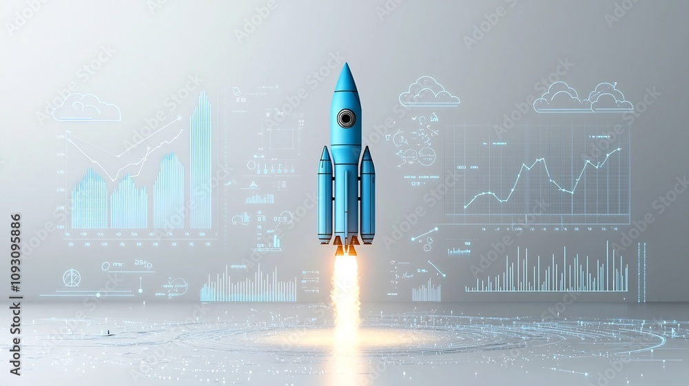 Aufkleber Powerful Futuristic Blue Rocket Blasting Off into the Future Accompanied by Upward Trending Graph Lines and Glowing Clouds on a Clean White Background Symbolizing Innovation Technology and Growth