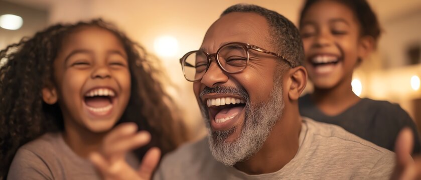 A family playing charades and laughing in their living room