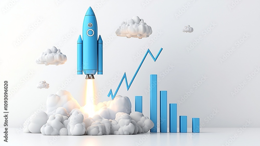 Poster Dynamic blue rocket taking off with a radiant graph line highlighting growth against a bright white background symbolizing technological innovation progress and successful business analytics
