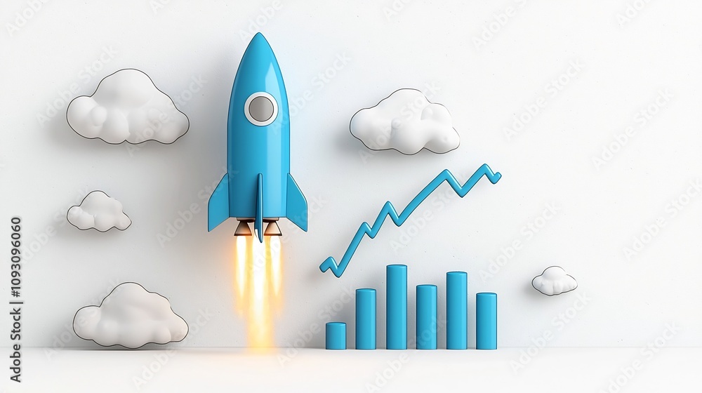 Poster Dynamic blue rocket taking off into the sky surrounded by radiant clouds highlighted by a rising graph line indicating growth on a bright white background symbolizing technology innovation