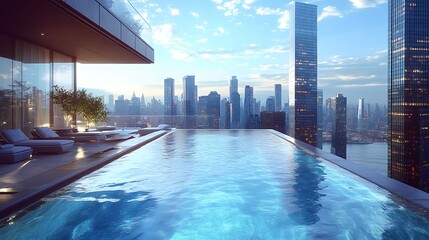 Fototapeta premium Aerial view of a sleek rooftop pool, water mirroring the skyscrapers, modern design with stylish lounge chairs, vibrant city skyline in the background, calm and clear ambiance, photorealistic details,