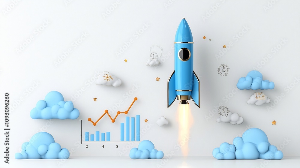 Leinwandbilder A striking image depicting a blue rocket ascending with a bright glow surrounded by radiant clouds and a bold rising graph showcasing growth on a clean white canvas symbolizing technological progress