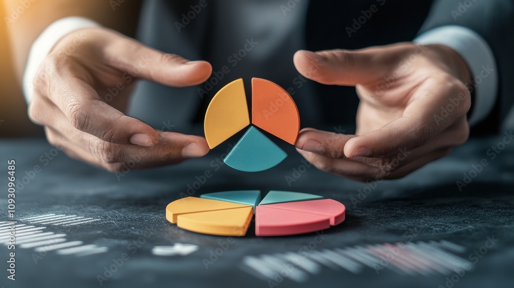 Aufkleber a business professional analyzes data with colorful pie charts and graphs on a desk.