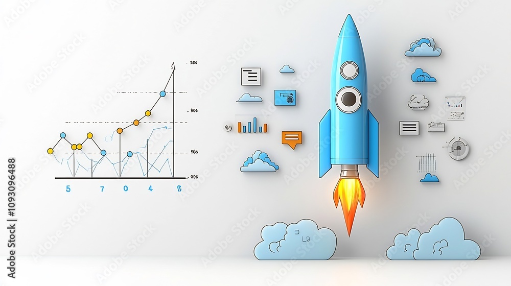 Aufkleber Powerful 3D Rocket Glowing in Shimmering Blue Hues Lifting Off Against a Backdrop of Vibrant Clouds and a Success Driven Graph Line on a Clean White Background Symbolizing Innovation Technology
