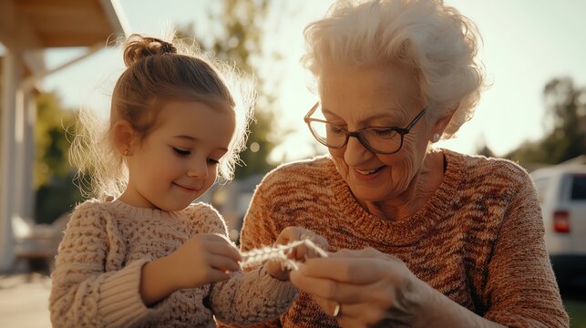 A grandmother teaching her grandchild how to knit on a sunny porch