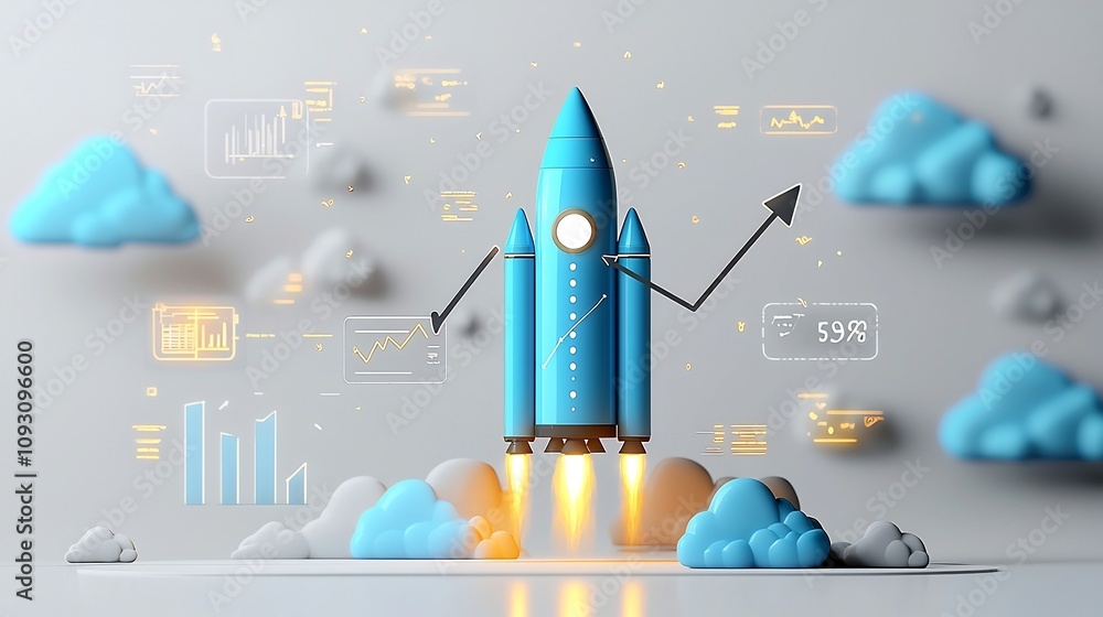 Poster A luminous blue rocket surrounded by glowing clouds and an upward chart line representing progress and innovation on a minimal white backdrop  This dynamic image symbolizes success growth