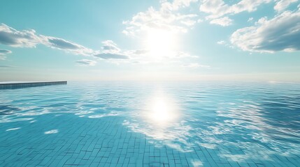 Obraz premium An empty pool under a bright blue sky, calm water reflecting the sunlight, pristine tiles below the surface, clear and serene scene, realistic textures and lighting, photorealistic, hd clarity.