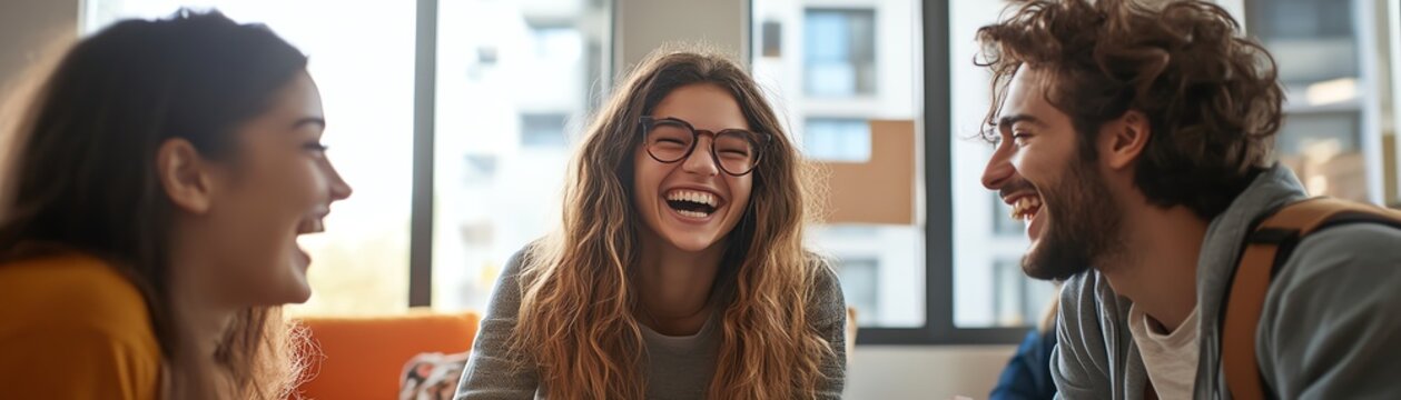 A group of college friends laughing in a dorm room