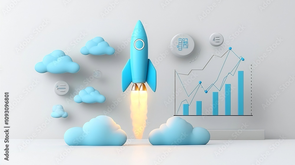 Poster Glowing blue rocket launching into the sky with luminous clouds surrounding it and a rising chart or graph in the background symbolizing success growth innovation and technological advancement