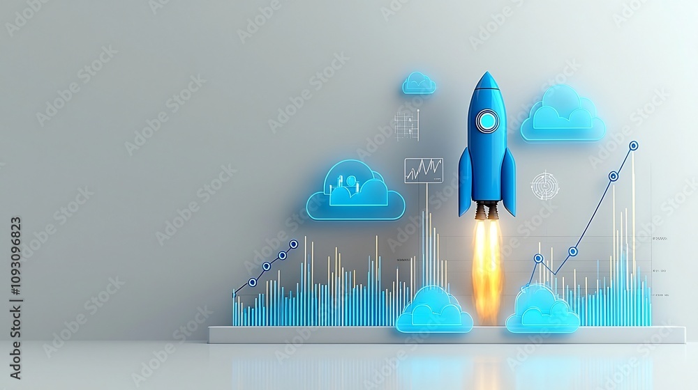 Poster A glowing blue rocket blasts off into the sky trailing luminous clouds set against a modern white background  A rising financial chart or graph symbolizes the success innovation