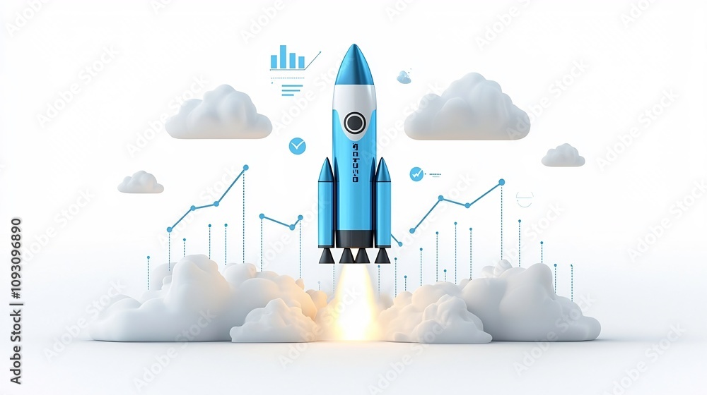 Poster futuristic blue rocket launching with bright clouds and upward graph lines symbolizing progress and 