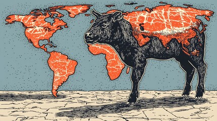 Illustration of the Earth with beef products contributing to warming. 