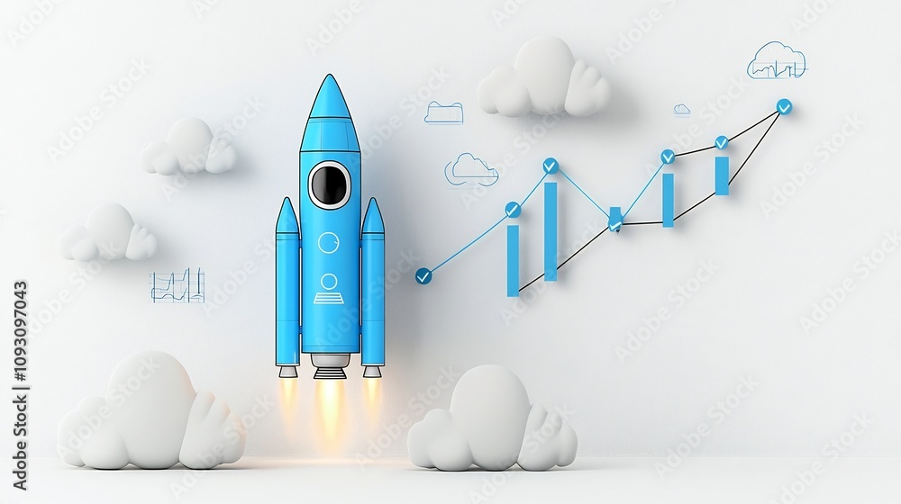 Poster Futuristic rocket glowing in shades of blue takes flight launching with bright clouds and upward graph lines symbolizing progress and technological advancement on a clean white backdrop