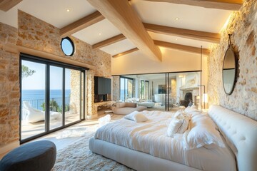 Luxurious Bedroom Design with Panoramic Window View and Cozy Aesthetic