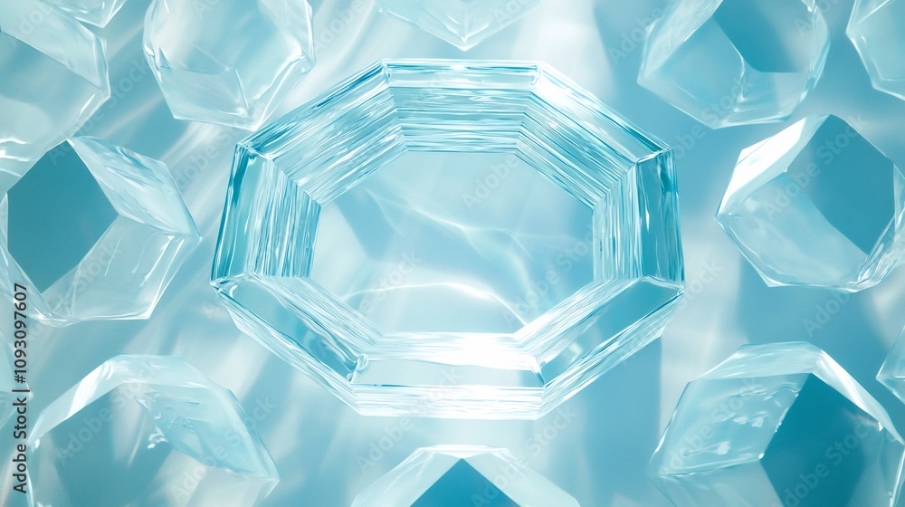 Poster visually striking cyan octagon with a frosted textured surface set against a clean white background 