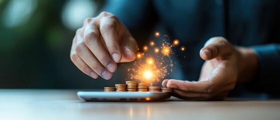 A person using a calculator while adding coins, illustrating finance and savings concepts.