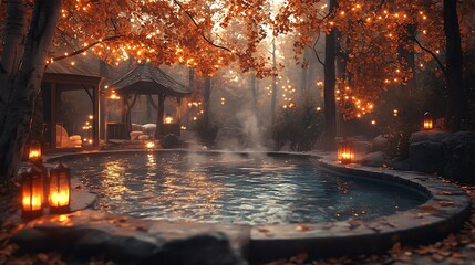 Fototapeta premium Autumn poolside retreat, steaming hot tub surrounded by golden leaves, soft glow from lanterns and string lights, tranquil water reflecting the warm light, cozy and serene atmosphere,