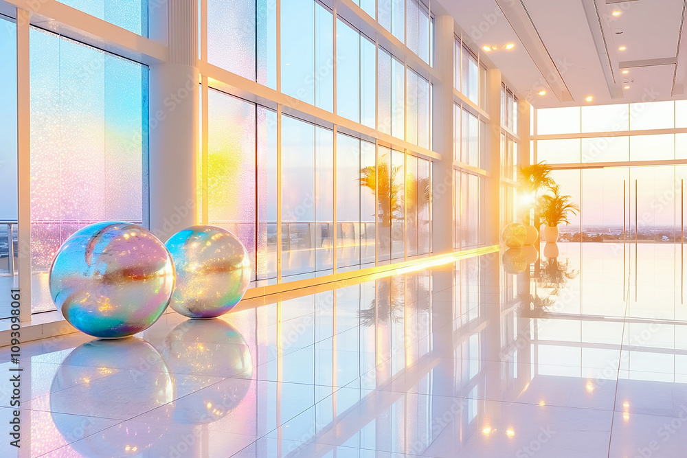 Poster large windows frame a colorful sunset while decorative spheres add a playful touch to the modern int