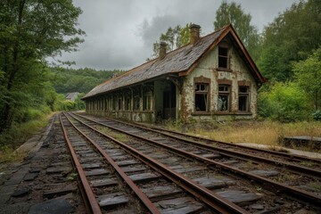 Fototapeta premium Abandoned Train Station Overgrown With Nature