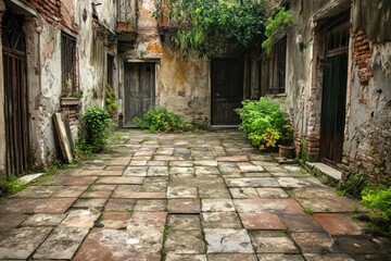 Overgrown Courtyard Of An Old Ruined Building