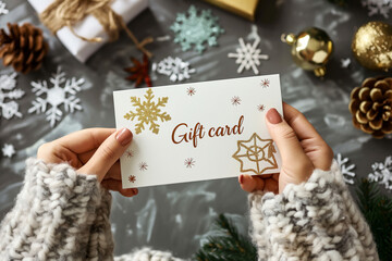 Woman holding in hands Gift card for a Christmas holidays. Nicely decorated voucher with xmas decorations, perfect present for winter holidays.