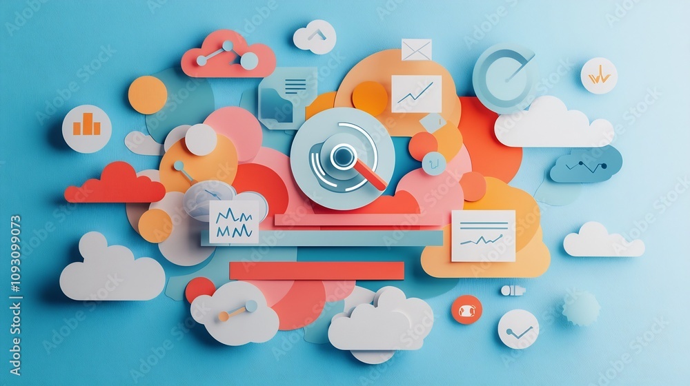 Poster whimsical paper cut depicting a marketer using a futuristic device surrounded by layered icons repre