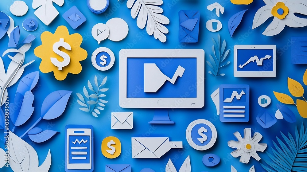 Poster whimsical paper cut depicting a digital marketing ecosystem with layered devices graphs and dollar s