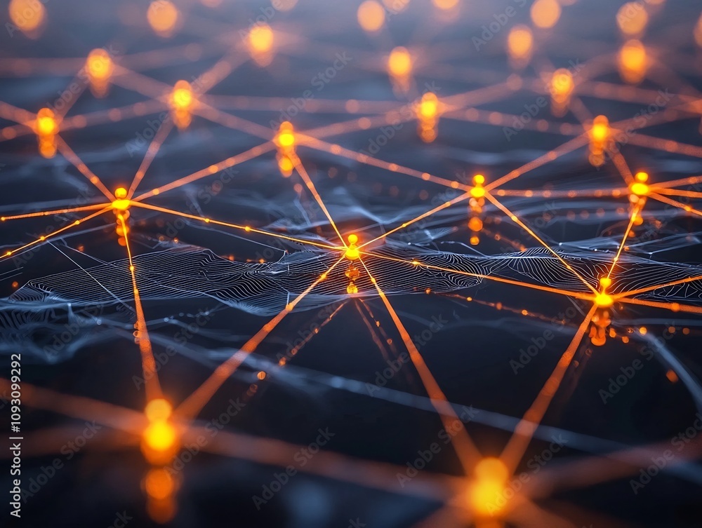 Poster glowing digital network of connected dots representing team
