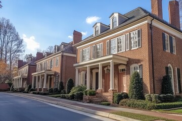 Georgian Style Row Houses. Urban Residential Street with Autumn Brick Facades