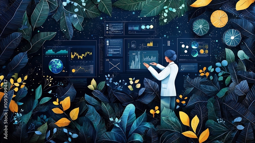 Poster whimsical paper cut design depicting a scientist analyzing environmental data and digital informatio