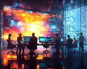 Futuristic Business Team Collaborating on Digital Screens in Glowing Open Space Office