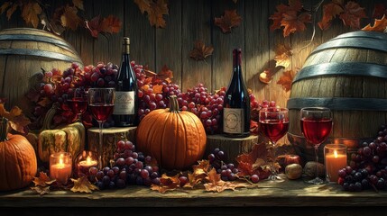 Harvest celebration with wine grapes and pumpkins rustic setting cozy atmosphere fall concept