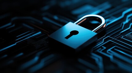 Close-up image of sleek, metallic padlock with deep blue hue on futuristic circuit board. composition symbolizes security, technology, and innovation for digital protection.