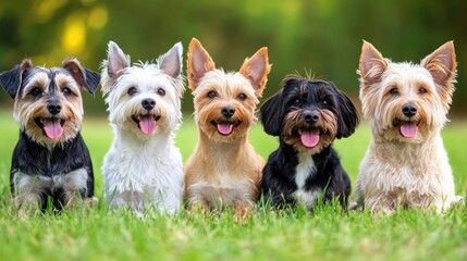 Happy group of yorkshire terriers enjoying a sunny day