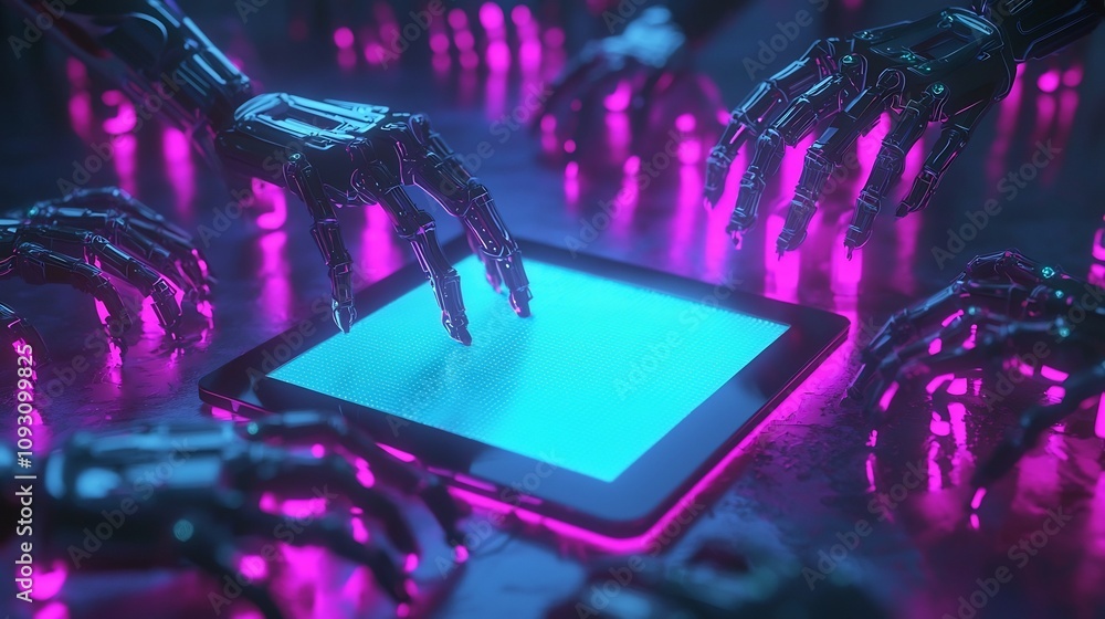 Poster whimsical paper cut of robotic hands managing dynamic marketing campaigns on a glowing tablet device