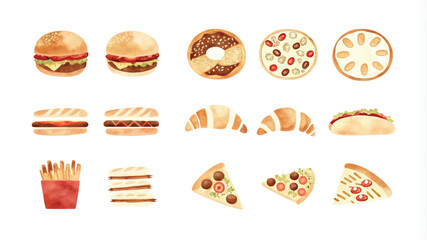 Set of fast food icons. Vector illustration in watercolor style.