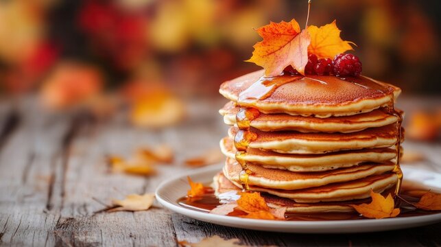 National Maple Syrup Day Autumn breakfast scene with pancakes and maple syrup on rustic table