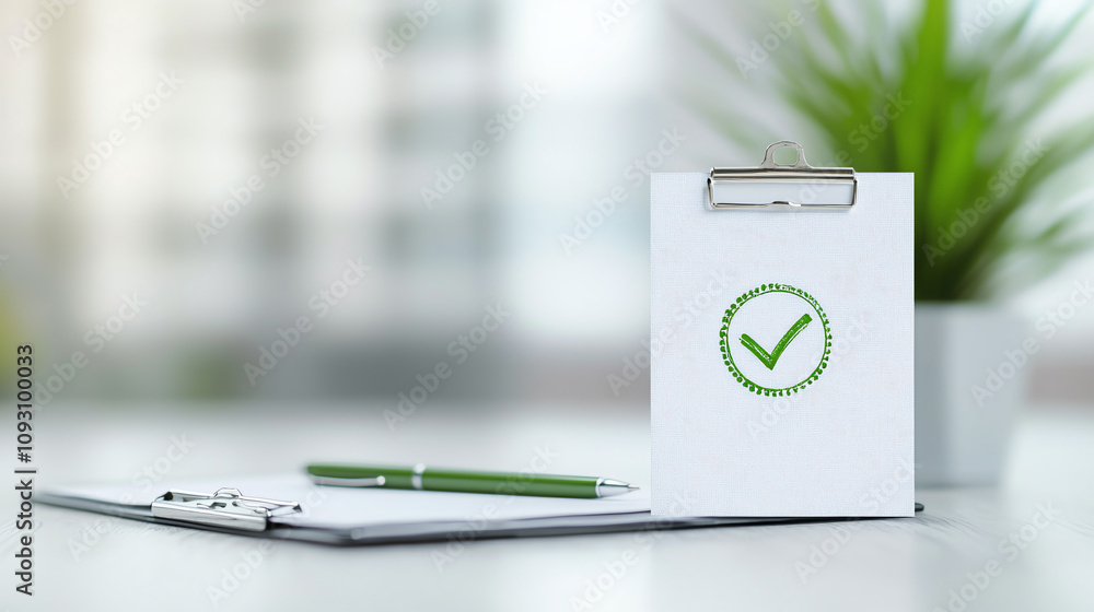 Poster clipboard with checklist and green checkmark symbol, symbolizing approval and success. background fe