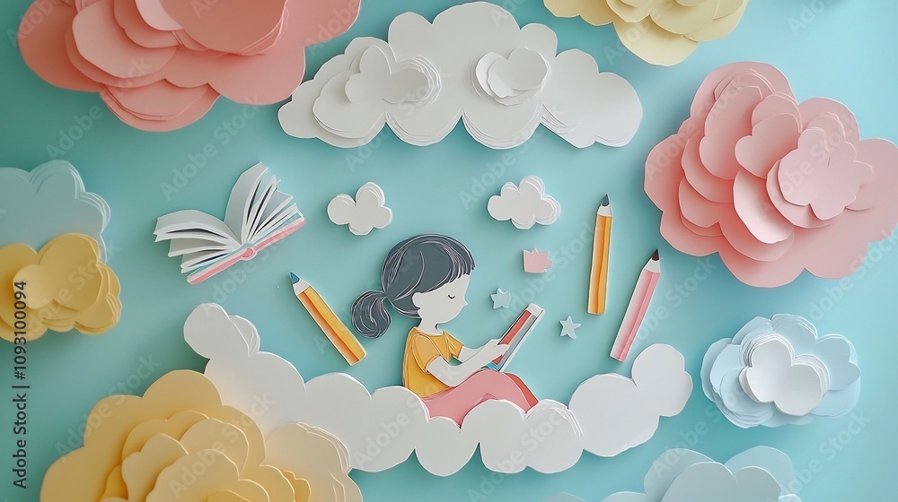 Poster whimsical paper cut scene depicting a child using a tablet surrounded by icons of books pencils and 